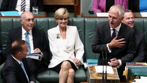 Prime Minister Tony Abbott and Communications Minister Malcolm Turnbull during Question Time on Monday.