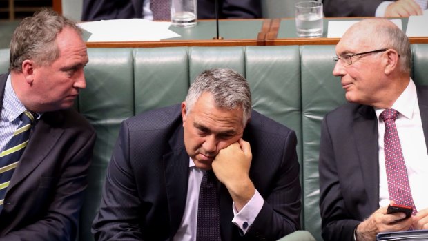 Treasurer Joe Hockey with Agriculture Minister Barnaby Joyce and Deputy Prime Minister Warren Truss in Question Time on Monday.