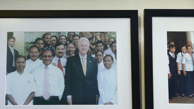 Photos of dignitaries who have visited the PM's hotel in PNG. Photo: Alex Ellinghausen