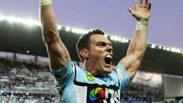 John Morris 300: Celebrating after pulling off a sensational last-gasp tackle to save a try and deny the Cowboys victory in Cronulla's first final of the 2013 playoffs.