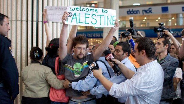 TEL AVIV, Left wing Israeli activists are arrested by Israeli police as they demonstrate in favor of the "Welcome to Palestine" fly-in protest on April 15, 2012 at the Ben Gurion Air Port near Tel Aviv, Israel.