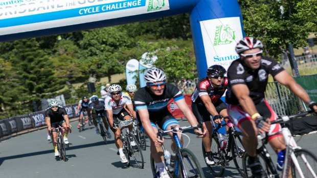 Riders complete the Brisbane to Gold Coast cycle challenge.