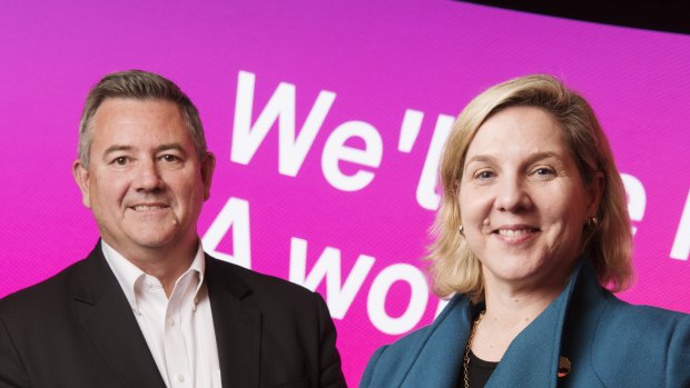 Telstra group managing director, networks Mike Wright and Chief operations officer Robyn Denholm in 2017