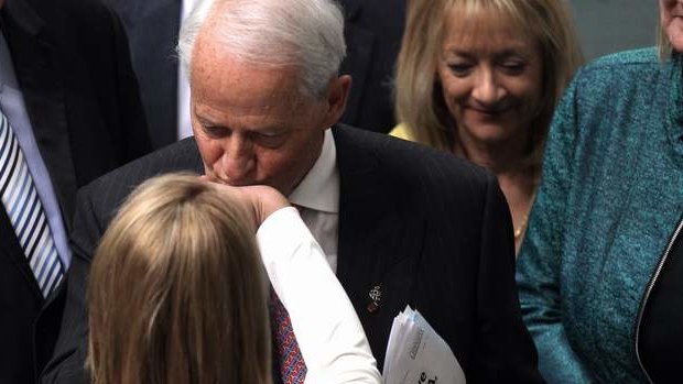 Father of the House Philip Ruddock congratulates the Member for Lindsay, Fiona Scott, after her maiden speech. Photo: Alex Ellinghausen