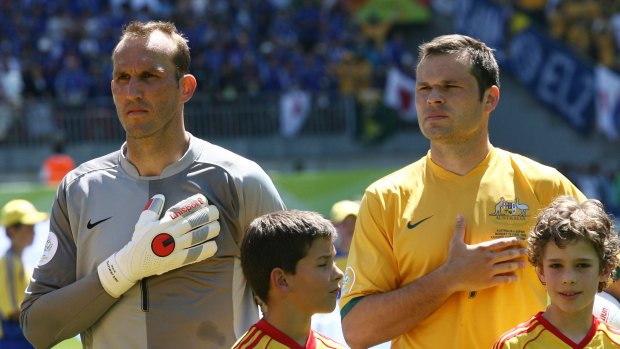 Confident: Mark Schwarzer, left, with captain Mark Viduka in the 2006 World Cup.