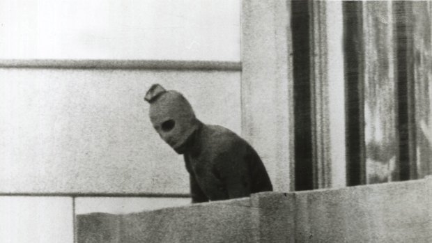 One of the defining images of the Munich hostage siege: one of the Palestinian terrorists.