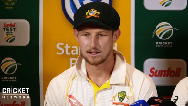 Facing up: Cameron Bancroft faces the media after being charged with changing the condition of the ball.