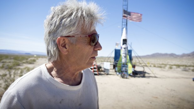 "Mad" Mike Hughes reacts after the decision to scrub another launch attempt of his rocket near Amboy, California on March 6.