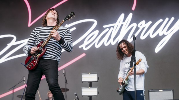 Red Wiggle Murray Cook on stage with DZ Deathrays at Splendour in the Grass