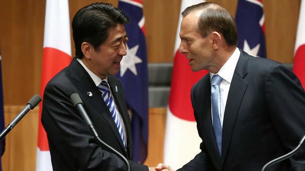 Prime Minister Tony Abbott and Japanese Prime Minister Shinzo Abe at Tuesday's joint press conference.