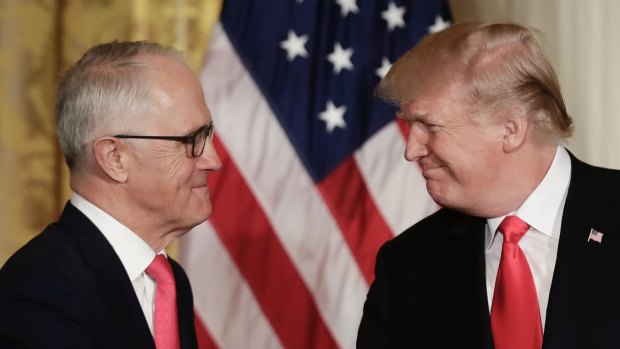 Prime Minister Malcolm Turnbull and United States of America President Donald Trump shake hands in February. 