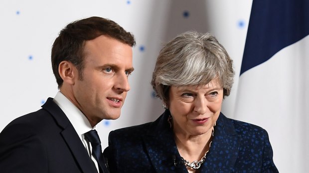 Theresa May, UK prime minister, right, and Emmanuel Macron, France's president in January.
