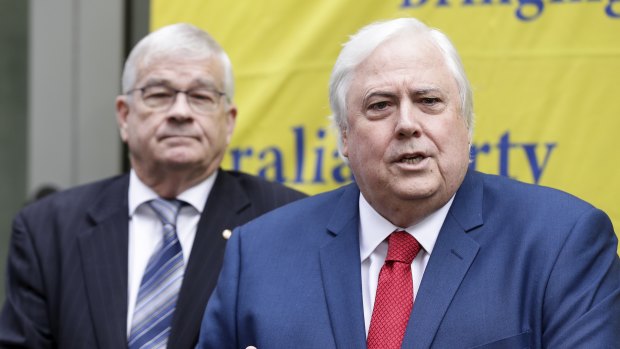 Brian Burston and Clive Palmer during a fiery press conference at Parliament House on Monday. 
