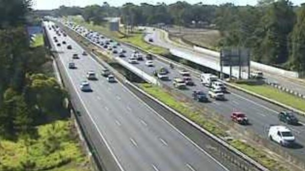A north-facing traffic camera shows the extent of the Bruce Highway congestion just after 1pm.