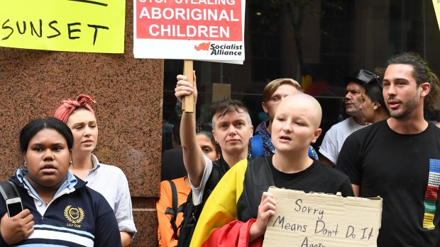 Protesters outside the Channel Seven television studios in Martin Place following the controversial segment.