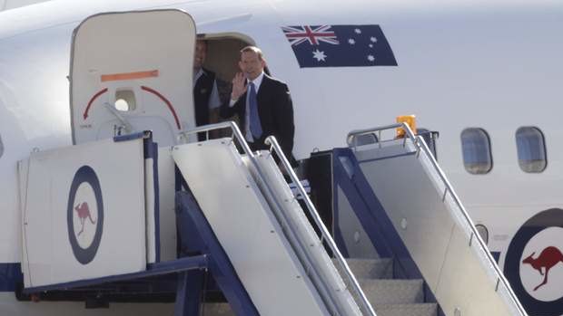 Prime Minister Tony Abbott departs RAAF Fairbairn in Canberra to attend CHOGM in Sri Lanka. Photo: Andrew Meares