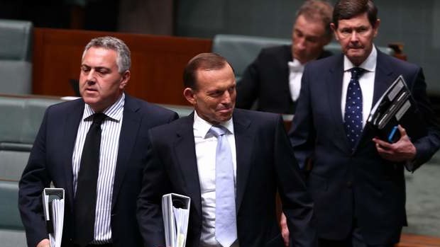 Treasurer Joe Hockey and Prime Minister Tony Abbott arrive for question time. Photo: Alex Ellinghausen