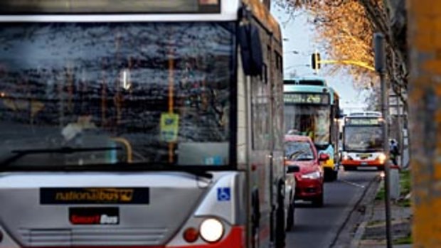 Buses caught up on a very congested Hoddle Street in Collingwood.
