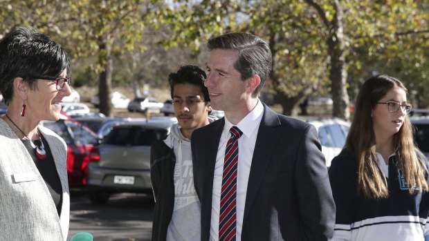 Federal Education Minister Simon Birmingham at Alfred Deakin High School in Canberra on Tuesday.