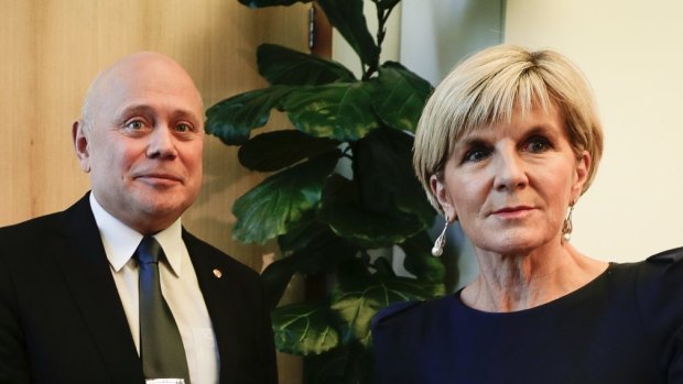 Foreign Affairs Minister Julie Bishop meets with Russian ambassador to Australia Grigory Logvinov, in her office on Wednesday.
