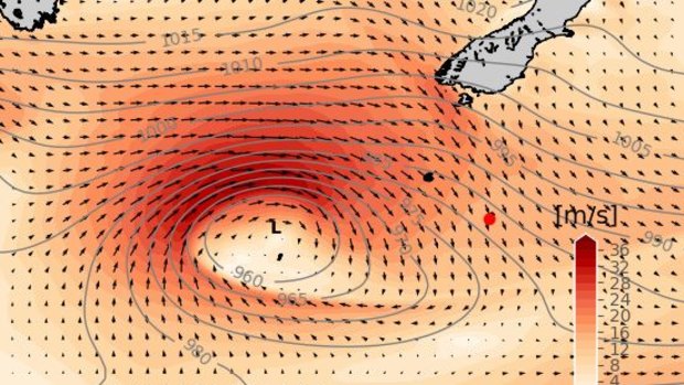 An intense, fast-moving low-pressure system helped stir up the record-breaking wave. (Red dot denotes buoy location.)