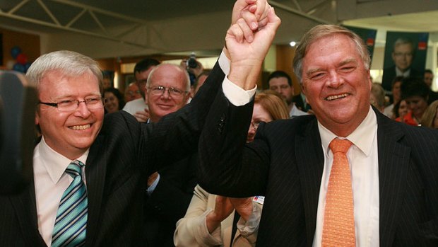 Kevin Rudd and Kim Beazley at the West Australian's ALP Federal Election campaign launch in November, 2007. Rudd with former federal leader Kim Beazley.