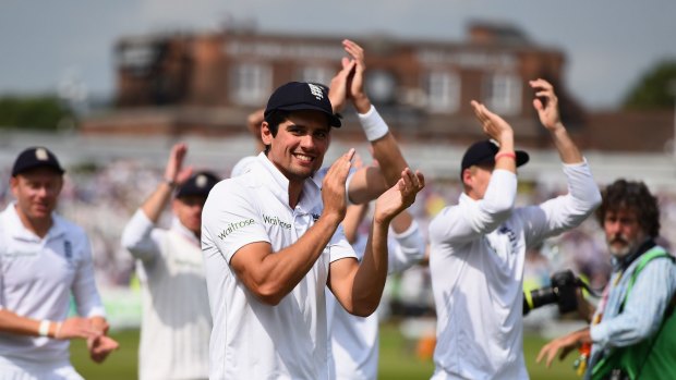 Alastair Cook of England celebrates winning the Ashes. 