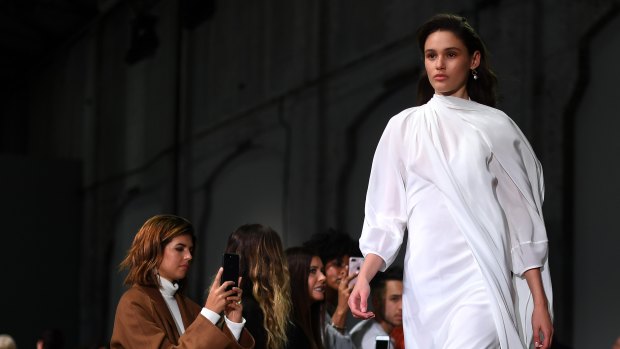 A model wears a creation by Bianca Spender during the Mercedes-Benz Fashion Week Australia. 