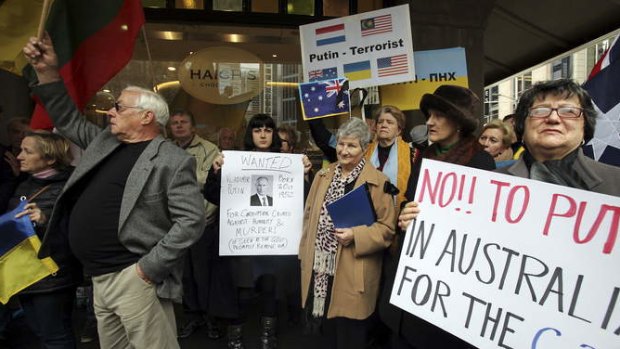 Malaysian MH17 Flight story Ukrainian Community protest outside the QVB in Sydney.