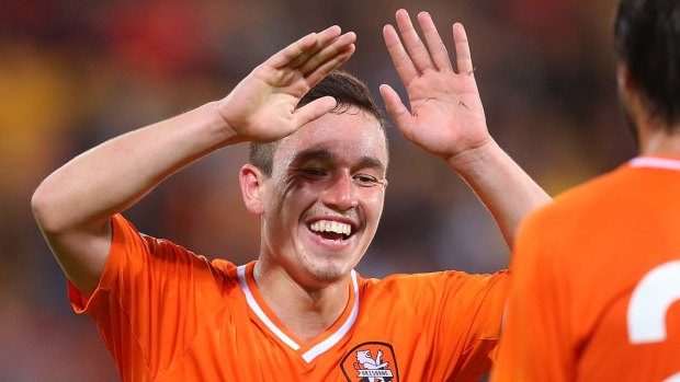 Devante Clut of the Roar celebrates after kicking a goal during the international friendly match between the Brisbane Roar and Villarreal CF at Suncorp Stadium.