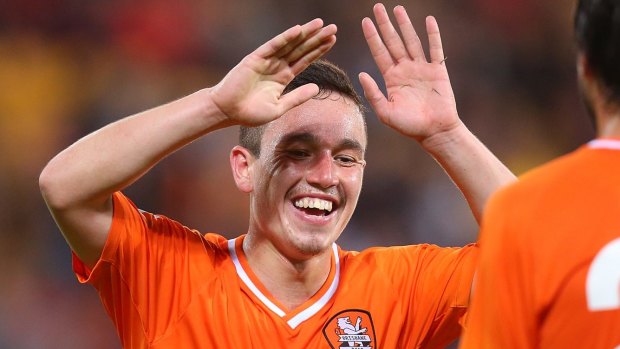 Devante Clut of the Roar celebrates after kicking a goal during the international friendly match between the Brisbane Roar and Villarreal CF at Suncorp Stadium.