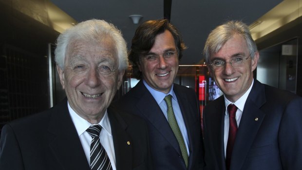 Well paid at Westfield ... Frank Lowy with sons Peter (centre) and Steven.