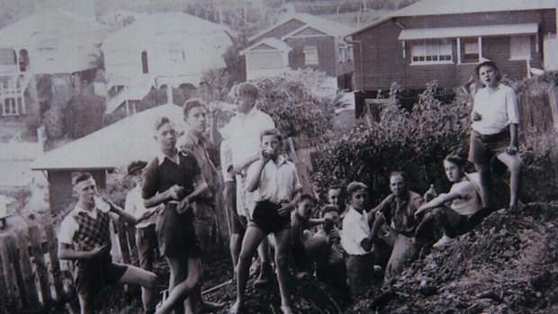 Members of 1st Brisbane dig trenches behind the Boys' Brigade hall in Red Hill during World War II.