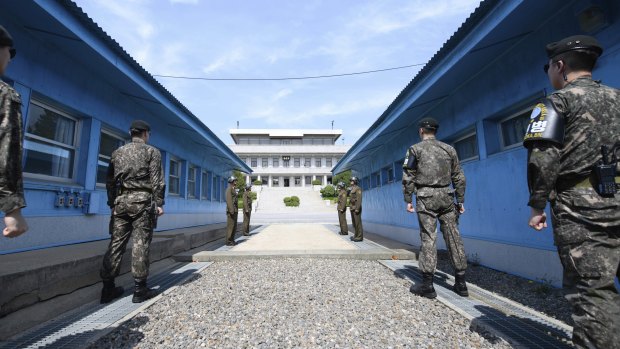 South Korean soldiers stand guard in the Demilitarised Zone.