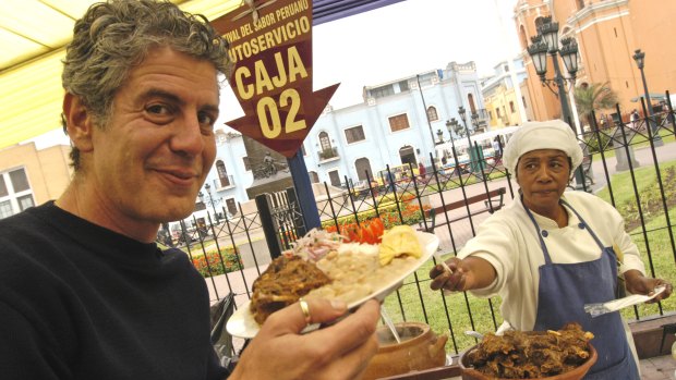 Anthony Bourdain in the Plaza Italia in the Peruvian capital, Lima, filming his series No Reservations.