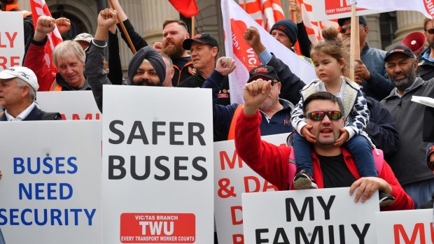 Victorian bus drivers rally on the steps of Spring Street, calling for greater protection against a rising number of violent attacks. 