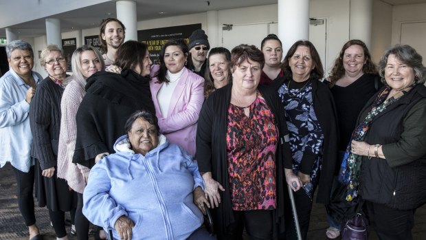 Indigenous writer Nakkiah Lui (in pink) with family and friends after seeing a performance of Blackie Blackie Brown: The Traditional Owner of Death at the STC Wharf Theatre.