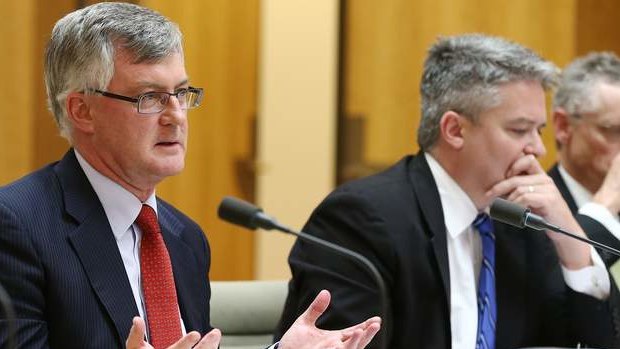 Treasury Secretary Dr Martin Parkinson and Finance Minister Senator Mathias Cormann during estimates. Photo: Alex Ellinghausen