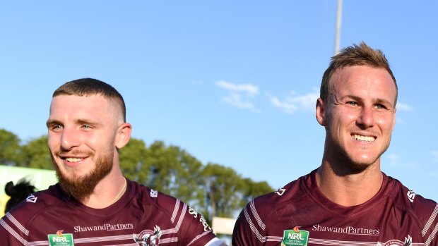 Happier times: Hastings and Cherry-Evans celebrate at Brookvale.