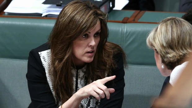 Peta Credlin, chief of staff to the Prime Minister, and Foreign Affairs Minister Julie Bishop in discussion during QT. Photo: Alex Ellinghausen