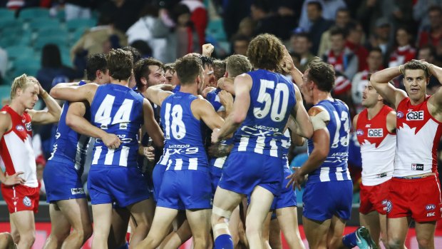 Roo beauty: North Melbourne players celebrate their upset win over Sydney.