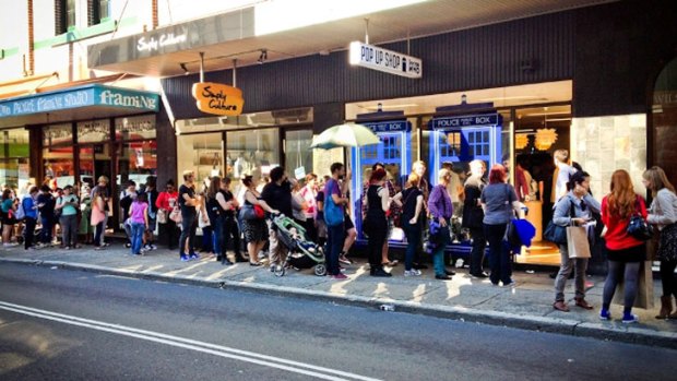 Fans queue for the opening of the first ever Doctor Who pop-up shop in Sydney.