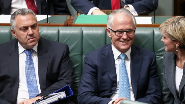 Treasurer Joe Hockey, Prime Minister Malcolm Turnbull and Foreign Affairs Minister Julie Bishop during question time on Wednesday.