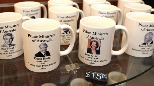 Prime Ministers of Australia mugs on sale at the Parliament House gift shop in Canberra. Photo: Alex Ellinghausen