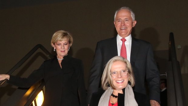 Prime Minister Malcolm Turnbull, Lucy Turnbull and Foreign Affairs Minister Julie Bishop leave the National Press Club on Sunday.