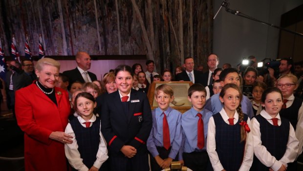 Prime Minister Tony Abbott, Opposition Leader Bill Shorten, Madam Speaker Bronwyn Bishop and Senate President Senator Stephen Parry pose with students from Boggabri.