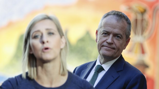 Labor candidate for Longman, Susan Lamb, and Opposition Leader Bill Shorten address the media during a visit to the Caboolture Hospital on  Tuesday.