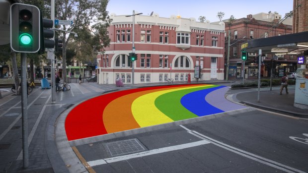 An artist\'s impression of the new rainbow crossing planned for the corner of Bourke and Campbell streets in Darlinghurst.  