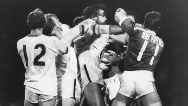 Tempers fray during Canberra's first premiership match against the South Sydney Rabbitohs at Redfern Oval on February 27, 1982. The Rabbitohs won 37-7.
