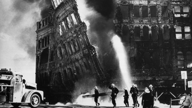 The wall of Buckingham's department store collapses along Oxford Street, during a fire on Anzac Day 1968.